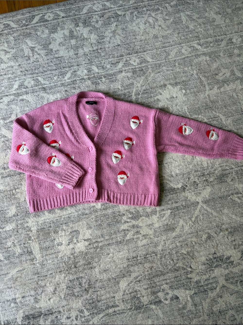 Forever 21 Pink Santa Embroidered V-Neck Cardigan Sweater